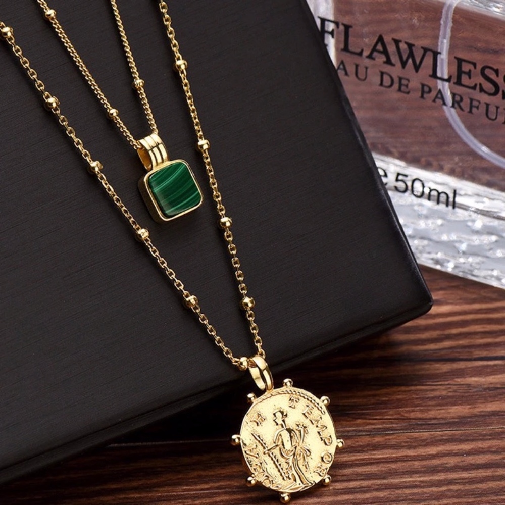 Malachite Beaded Pendent Gold Choker Necklace - Picture 5 of 8